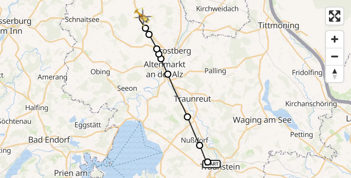 Flugroute Rettungshubschrauber Traunstein Hospital - Tacherting, 01 Juni 2026, 08:20