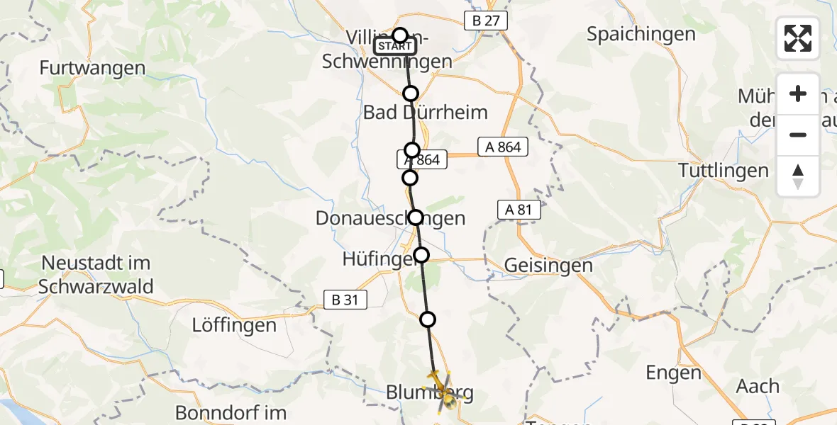 Flugroute Ambulanzhubschrauber DRF Air Rescue Station Villingen-Schwenningen Hubschrauberlandeplatz (Christoph 11) - Blumberg, 01 Juni 2026, 08:23