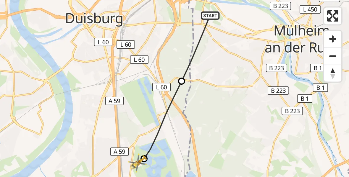 Flugroute Rettungshubschrauber Mülheim an der Ruhr - Duisburg Air Rescue Hubschrauberlandeplatz (Christoph 9), 01 Juni 2026, 08:34