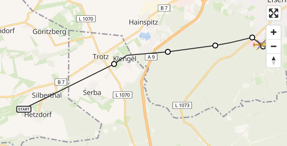Flugroute Rettungshubschrauber Bürgel - Eisenberger Wald Rudolf-Elle-Krankenhaus Hubschrauberlandeplatz, 01 Juni 2026, 08:37