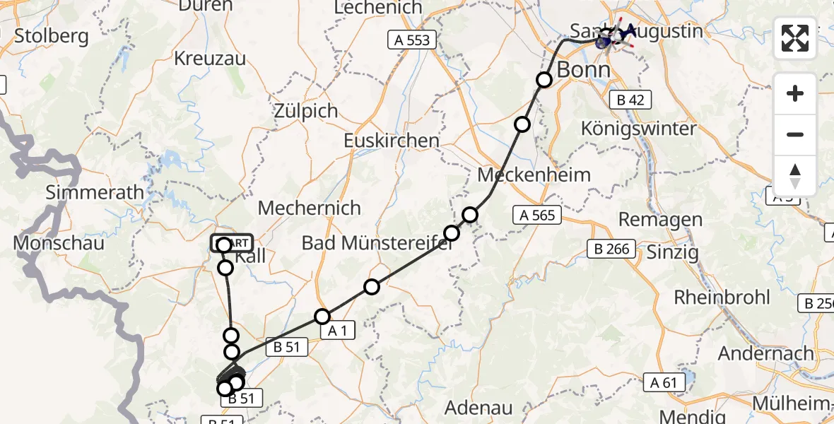 Flugroute Polizeihubschrauber Kall - Bonn-Hangelar Flugplatz, 01 Juni 2026, 08:40