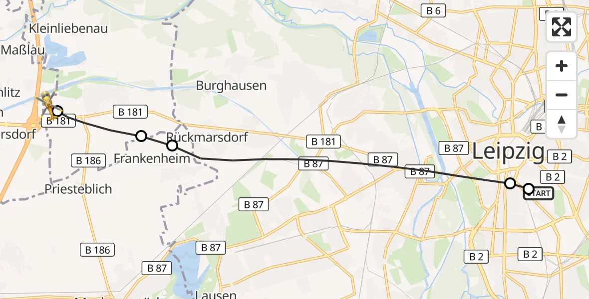 Flugroute Rettungshubschrauber Leipzig University Hospital Heliport 1 - ADAC Air Rescue Station Leipzig/Schkeuditz-Dölzig Hubschrauberlandeplatz (Christoph 61), 01 Juni 2026, 08:41