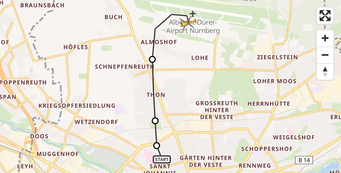 Flugroute Ambulanzhubschrauber Nürnberg North Hospital - Flughafen Nuremberg, 01 Juni 2026, 08:43