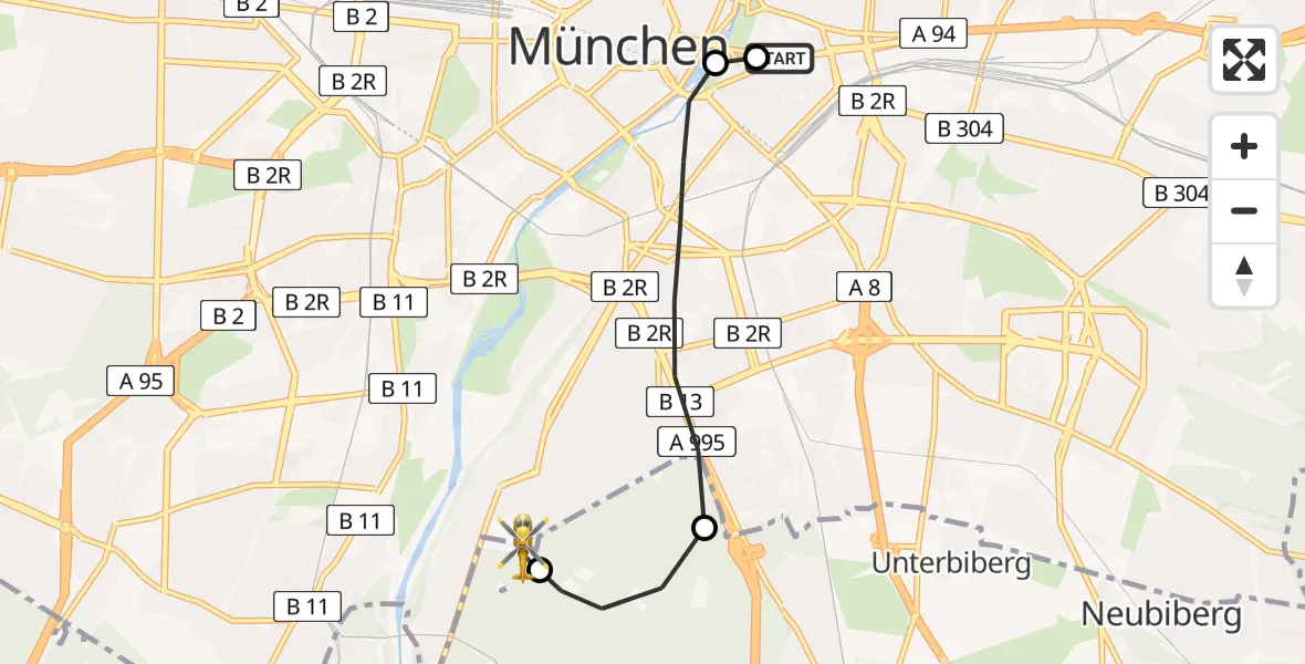 Flugroute Rettungshubschrauber Rechts der Isar University Hospital - ADAC Air Rescue Center Hubschrauberlandeplatz (Christoph 1), 01 Juni 2026, 08:43