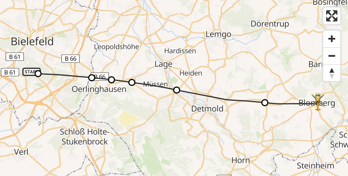 Flugroute Rettungshubschrauber Luftrettungszentrum Bielefeld - Blomberg, 01 Juni 2026, 08:47