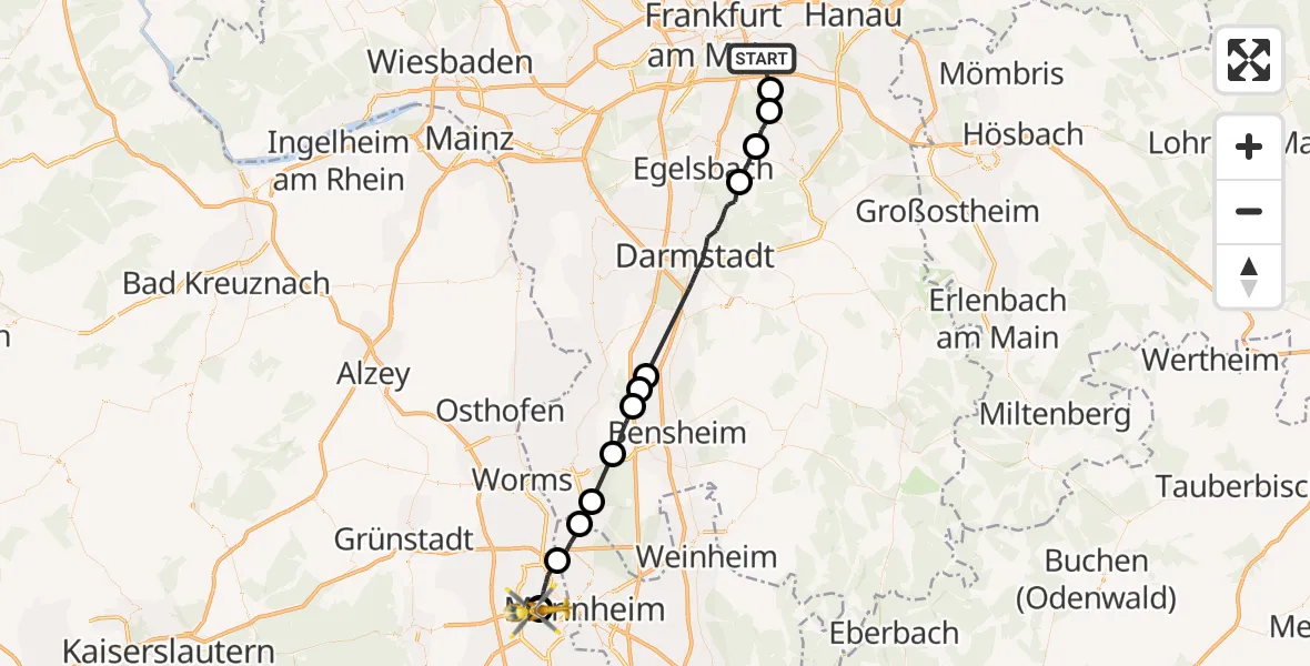Flugroute Rettungshubschrauber Offenbach am Main - Ludwigshafen Accident Hospital, 01 Juni 2026, 08:58