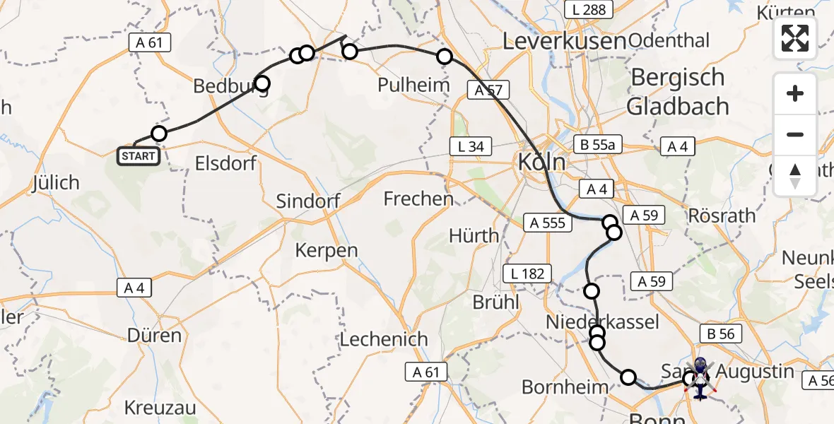 Flugroute Polizeihubschrauber Titz - Sankt Augustin, 01 Juni 2026, 08:59