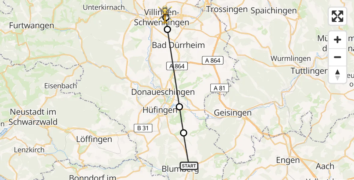 Flugroute Ambulanzhubschrauber Blumberg - DRF Air Rescue Station Villingen-Schwenningen Hubschrauberlandeplatz (Christoph 11), 01 Juni 2026, 09:02