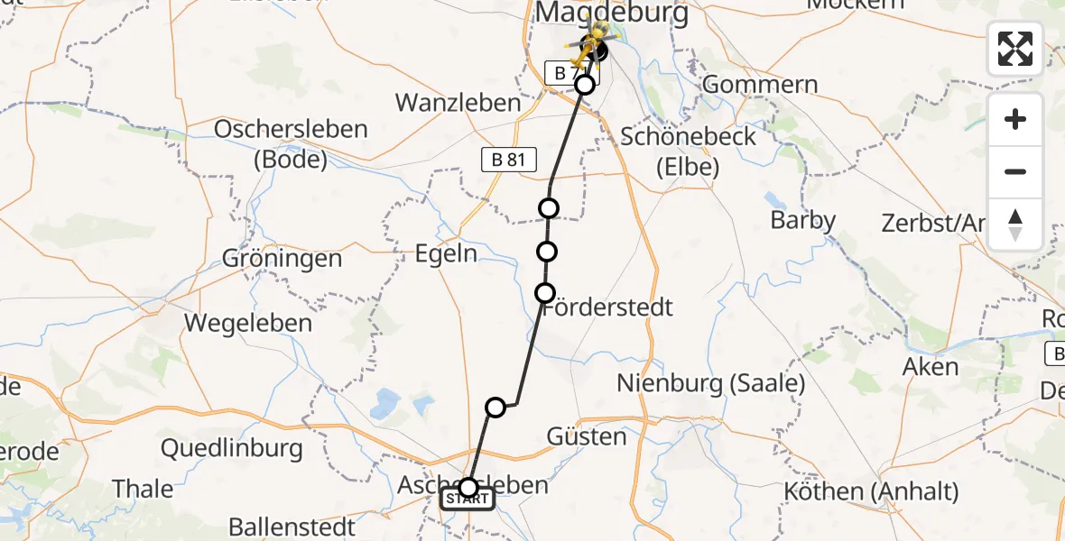 Flugroute Rettungshubschrauber AMEOS Hospital Aschersleben - Magdeburg, 01 Juni 2026, 09:03