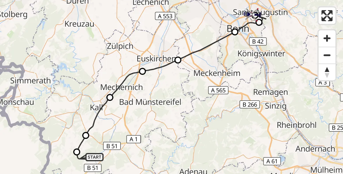 Flugroute Polizeihubschrauber Dahlem - Bonn-Hangelar Flugplatz, 01 Juni 2026, 09:06