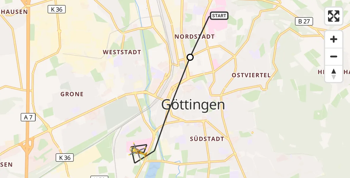 Flugroute Rettungshubschrauber Göttingen University Clinic Hubschrauberlandeplatz - Göttingen, 01 Juni 2026, 09:17