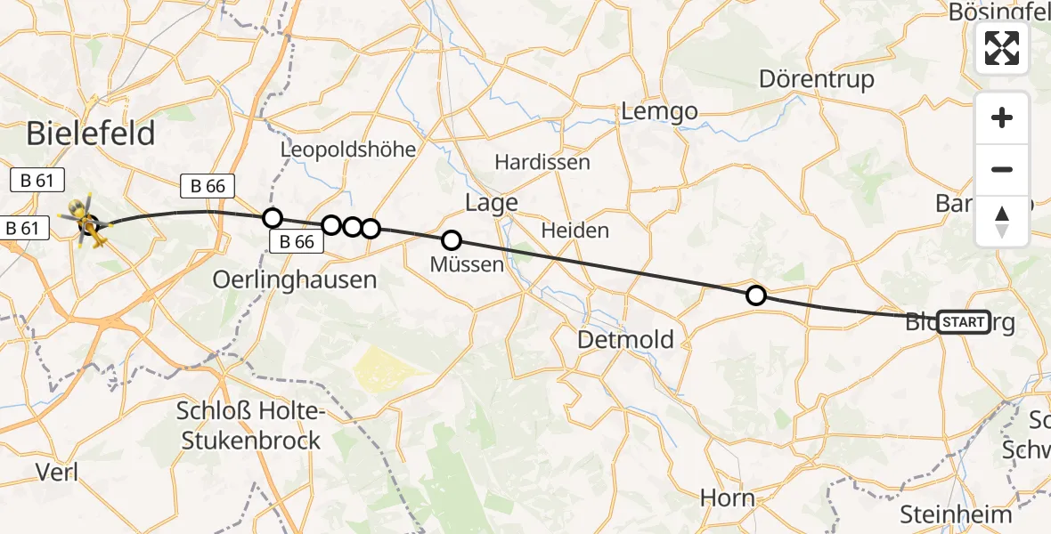 Flugroute Rettungshubschrauber Blomberg - Luftrettungszentrum Bielefeld, 01 Juni 2026, 09:27