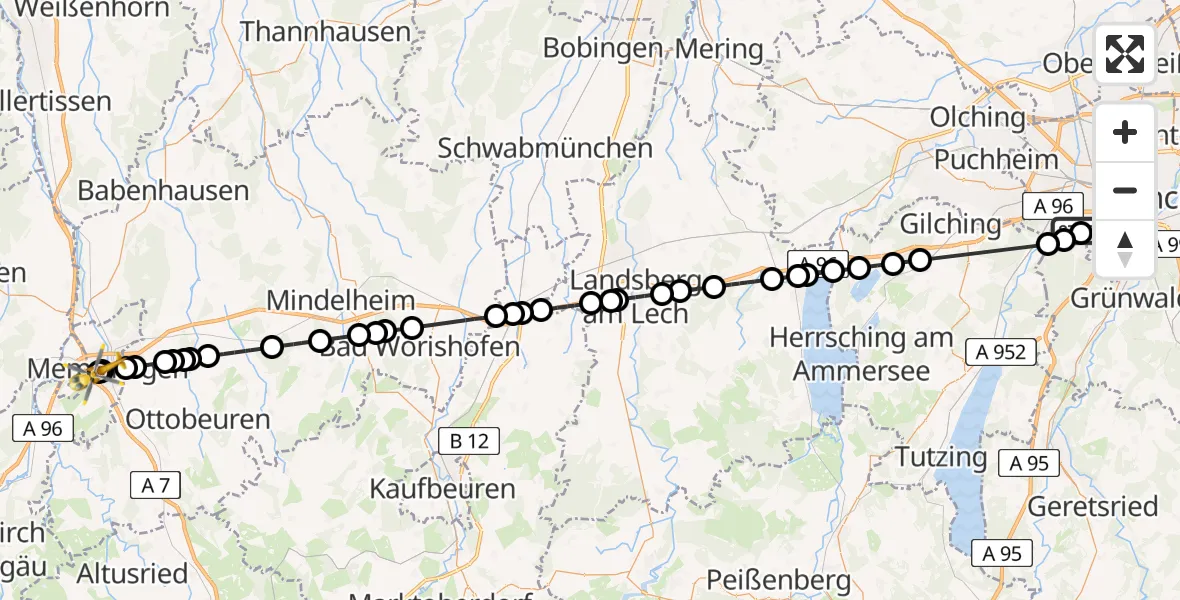 Flugroute Rettungshubschrauber DRF Air Rescue München Hubschrauberlandeplatz - Memmingen Hospital, 01 Juni 2026, 09:31