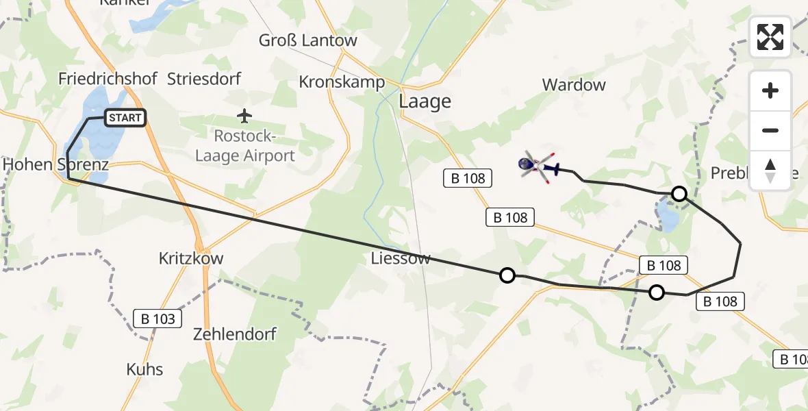 Flugroute Polizeihubschrauber Hohen Sprenz - Wardow, 01 Juni 2026, 09:32