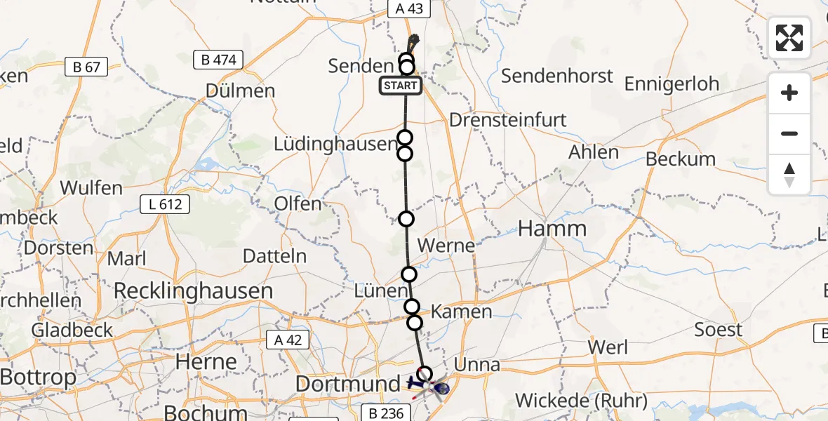Flugroute Polizeihubschrauber Senden - Dortmund Flughafen, 01 Juni 2026, 09:44
