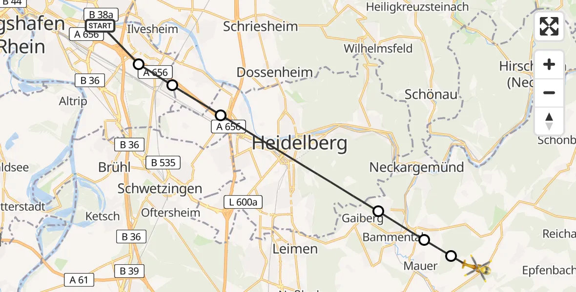Flugroute Rettungshubschrauber Mannheim-City Flughafen - Meckesheim, 01 Juni 2026, 09:49