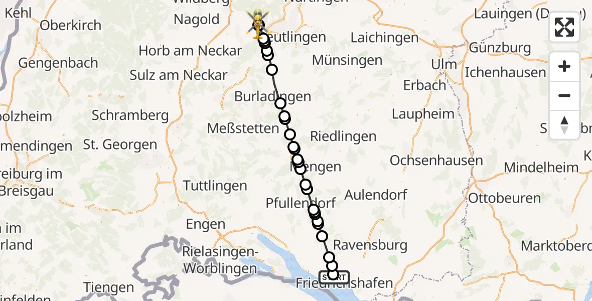 Flugroute Rettungshubschrauber Friedrichshafen Hospital - Tübingen University Hospital, 01 Juni 2026, 09:51