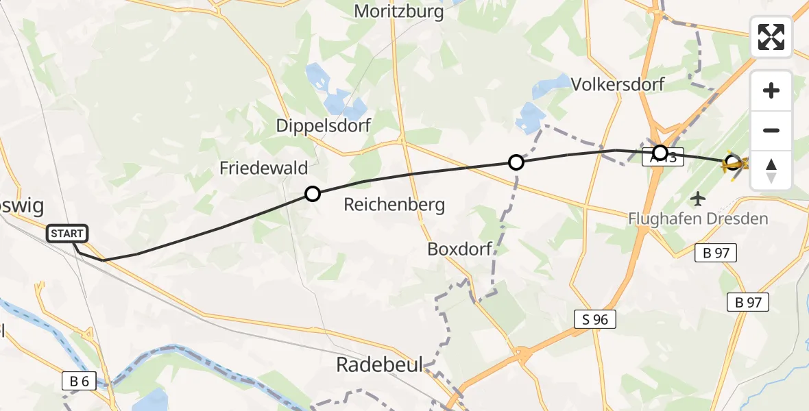 Flugroute Rettungshubschrauber Radebeul - Dresden Bundespolizei Hubschrauberlandeplatz, 01 Juni 2026, 09:54