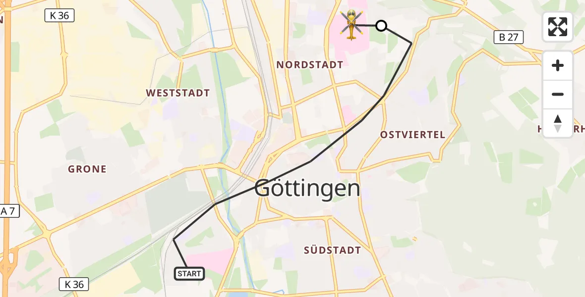 Flugroute Rettungshubschrauber Göttingen - Göttingen University Clinic Hubschrauberlandeplatz, 01 Juni 2026, 10:01