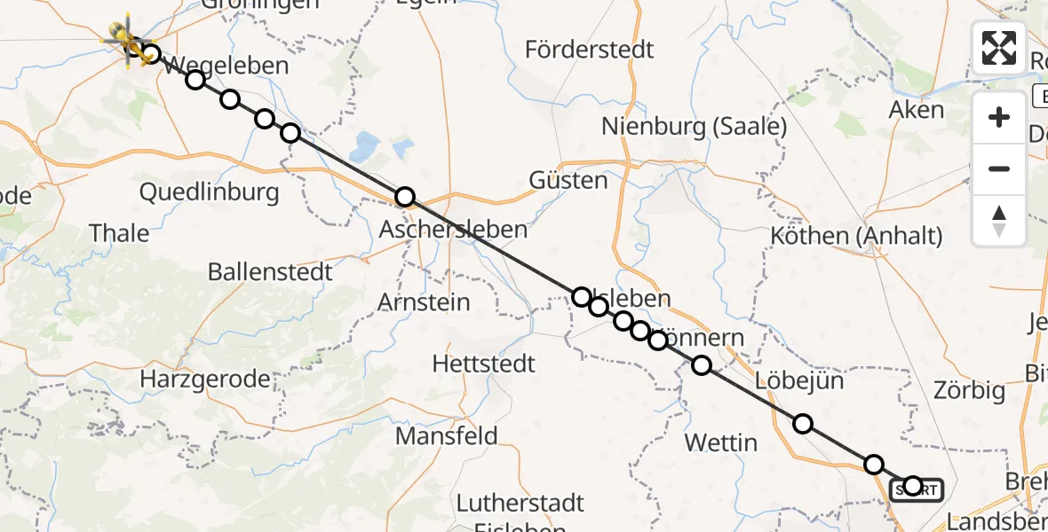 Flugroute Rettungshubschrauber Halle-Oppin Flugplatz - AMEOS Hospital Sankt Salvator Halberstadt, 01 Juni 2026, 10:02