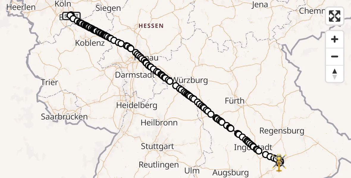 Flugroute Rettungshubschrauber Bonn-Hangelar Flugplatz - Landshut Flugplatz, 01 Juni 2026, 10:07