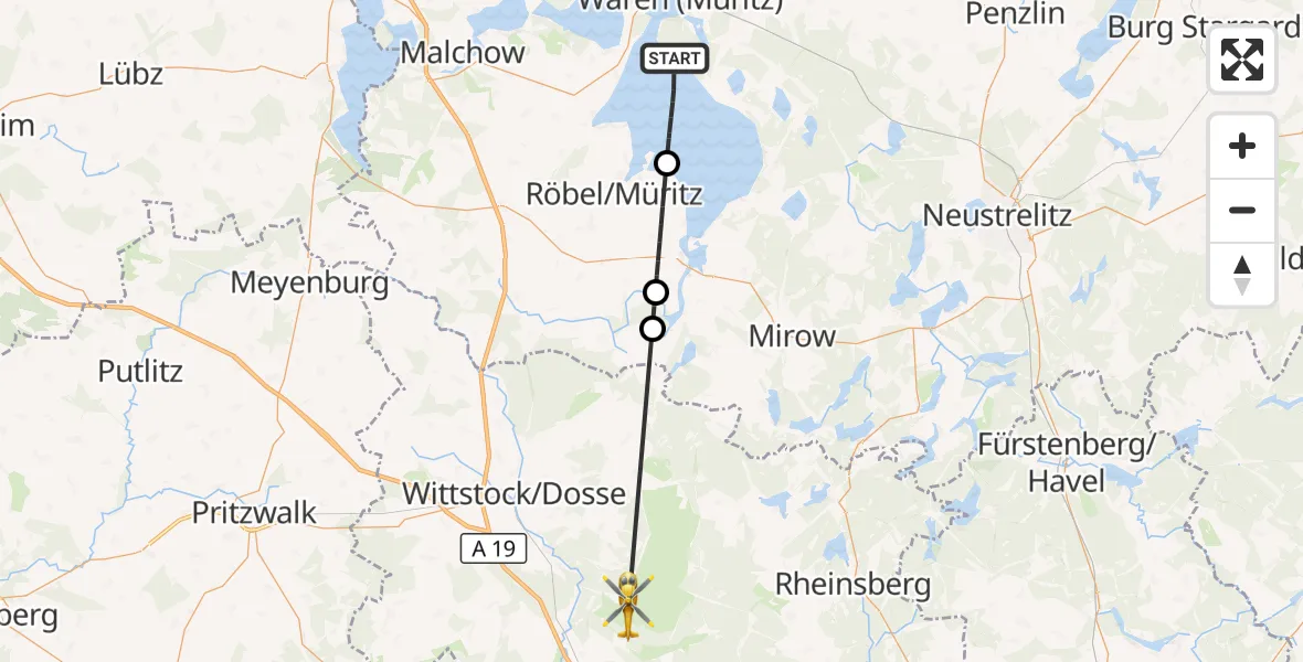 Flugroute Rettungshubschrauber Waren (Müritz) - Wittstock/Dosse, 01 Juni 2026, 10:10