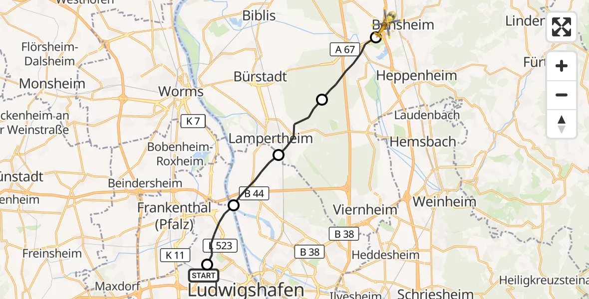 Flugroute Rettungshubschrauber Ludwigshafen Accident Hospital - Bensheim, 01 Juni 2026, 10:11