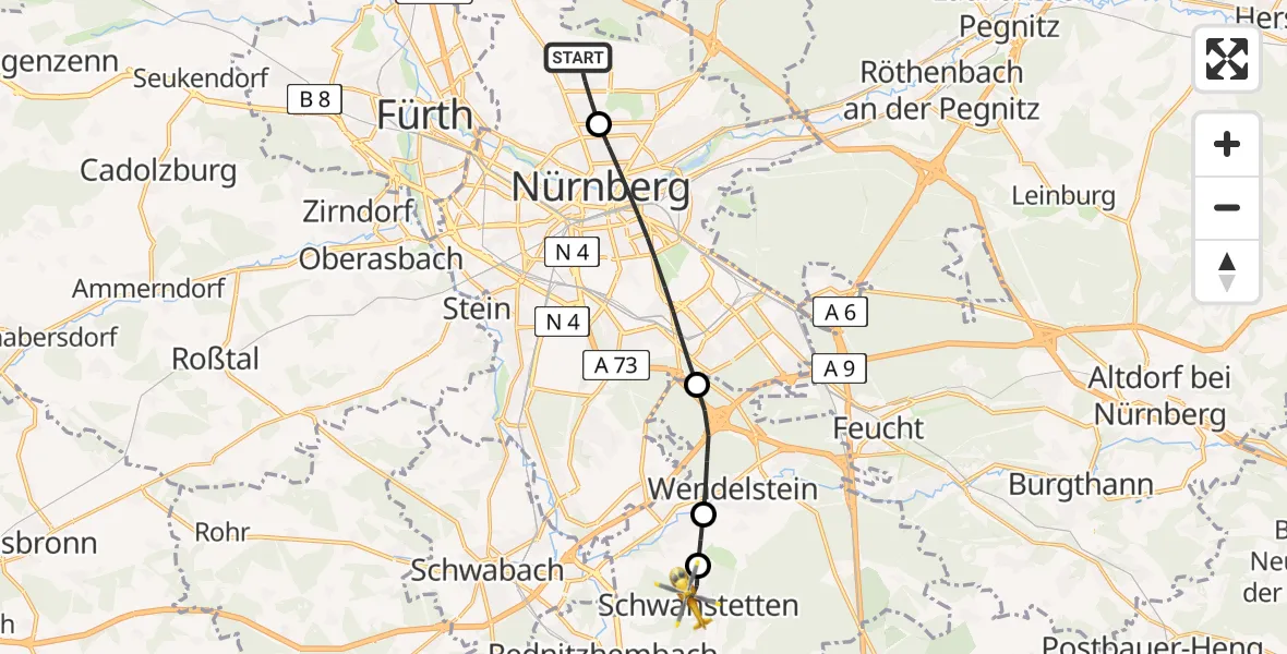 Flugroute Ambulanzhubschrauber Flughafen Nuremberg - Schwanstetten, 01 Juni 2026, 10:12