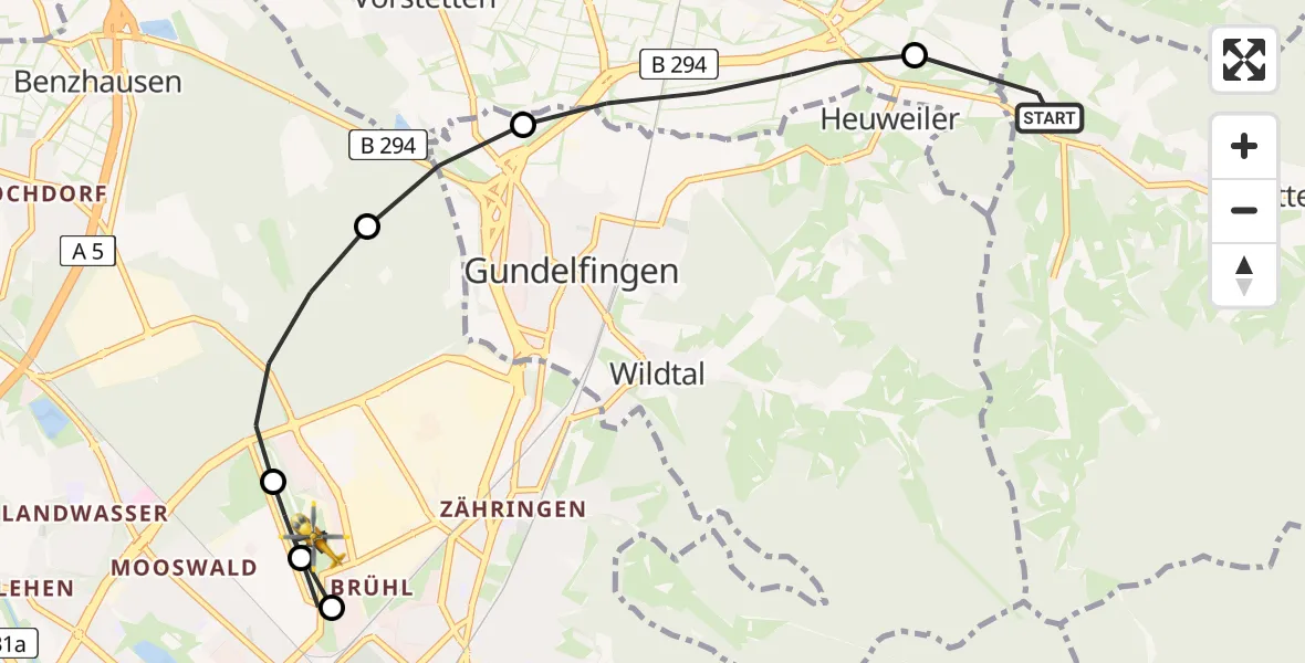 Flugroute Rettungshubschrauber Glottertal - Freiburg im Breisgau Flugplatz, 01 Juni 2026, 10:16