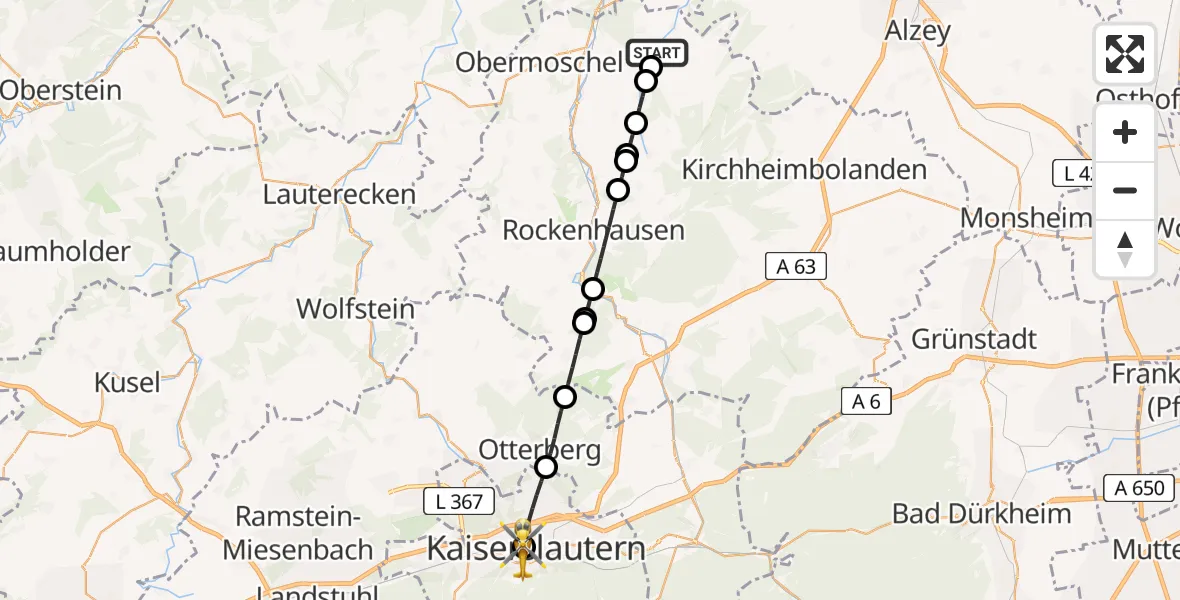 Flugroute Rettungshubschrauber Münsterappel - Westpfalz Hospital Kaiserslautern, 01 Juni 2026, 10:18