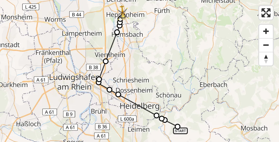 Flugroute Rettungshubschrauber Lobbach - Heppenheim (Bergstraße), 01 Juni 2026, 10:30