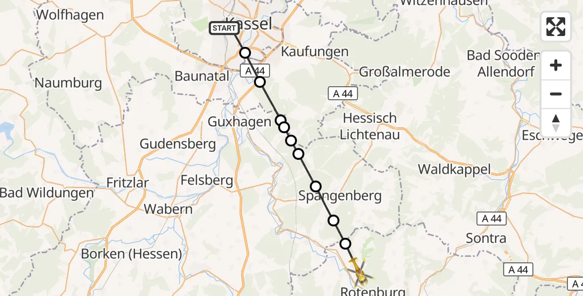 Flugroute Rettungshubschrauber Kassel - Alheim, 01 Juni 2026, 10:36