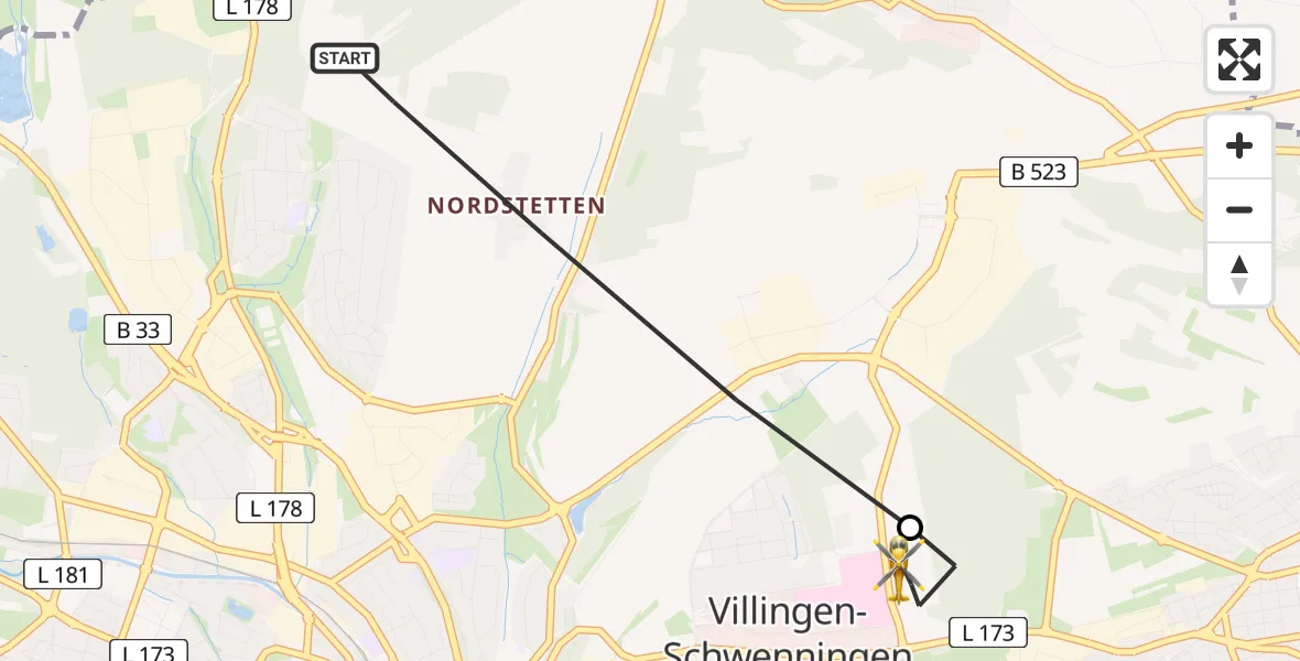 Flugroute Ambulanzhubschrauber Villingen-Schwenningen - DRF Air Rescue Station Villingen-Schwenningen Hubschrauberlandeplatz (Christoph 11), 01 Juni 2026, 10:37