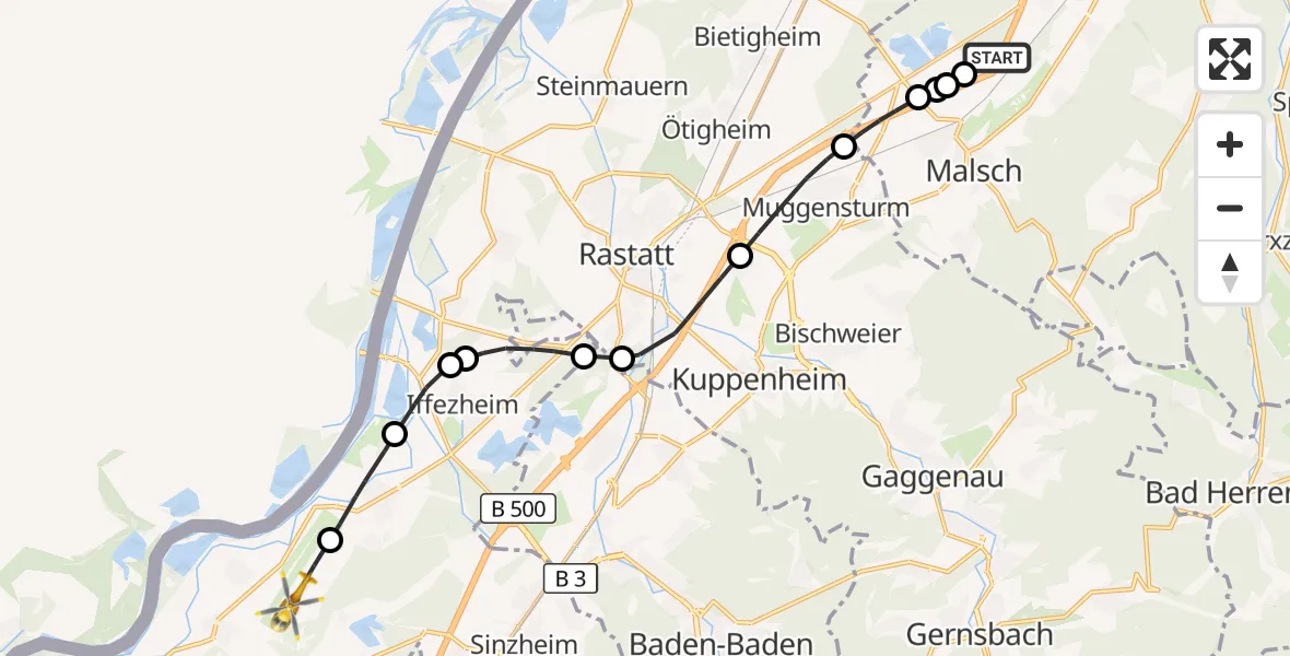 Flugroute Ambulanzhubschrauber Malsch - Karlsruhe Baden-Baden Flughafen, 01 Juni 2026, 10:39