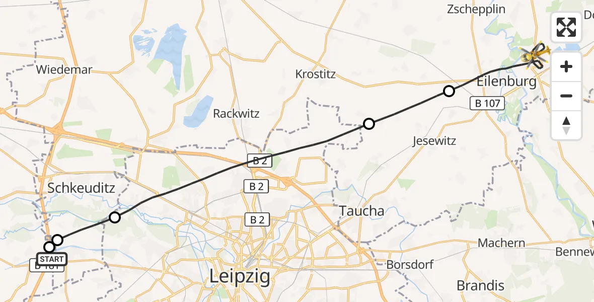 Flugroute Rettungshubschrauber ADAC Air Rescue Station Leipzig/Schkeuditz-Dölzig Hubschrauberlandeplatz (Christoph 61) - Eilenburg, 01 Juni 2026, 10:50
