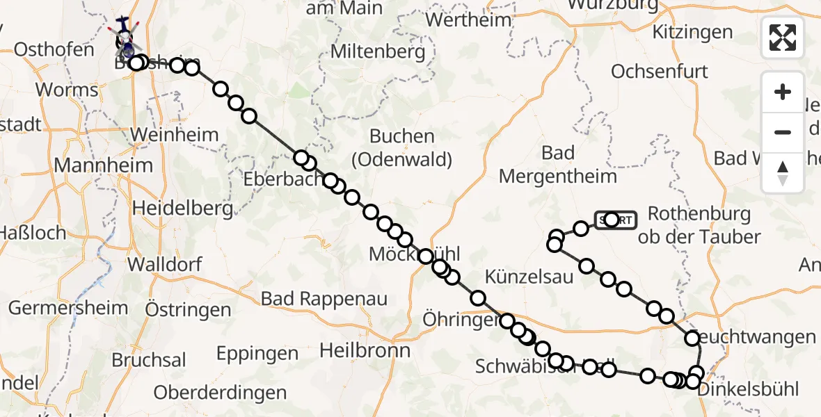 Flugroute Polizeihubschrauber Militärflugplatz Niederstetten - Gernsheim, 01 Juni 2026, 10:55