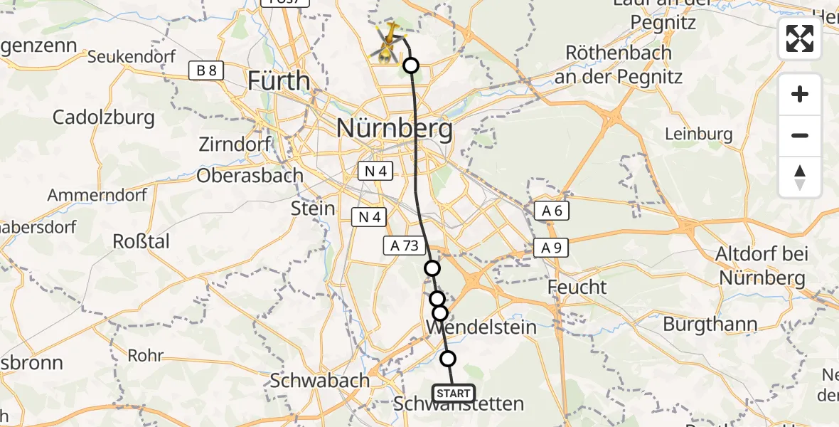 Flugroute Ambulanzhubschrauber Schwanstetten - Flughafen Nuremberg, 01 Juni 2026, 10:56