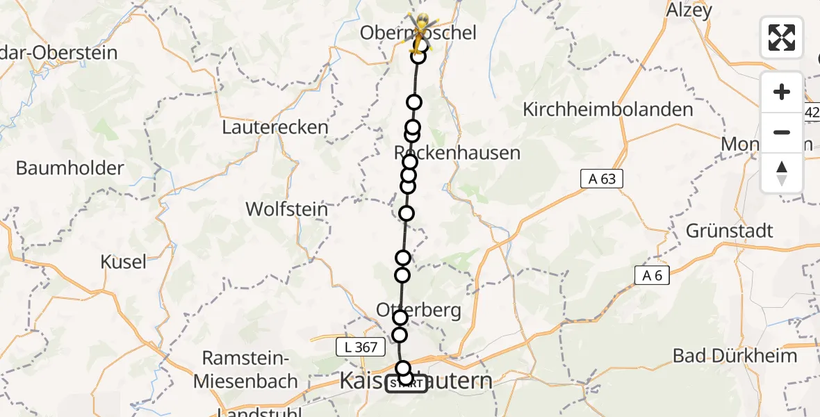 Flugroute Rettungshubschrauber Westpfalz Hospital Kaiserslautern - Obermoschel, 01 Juni 2026, 11:05