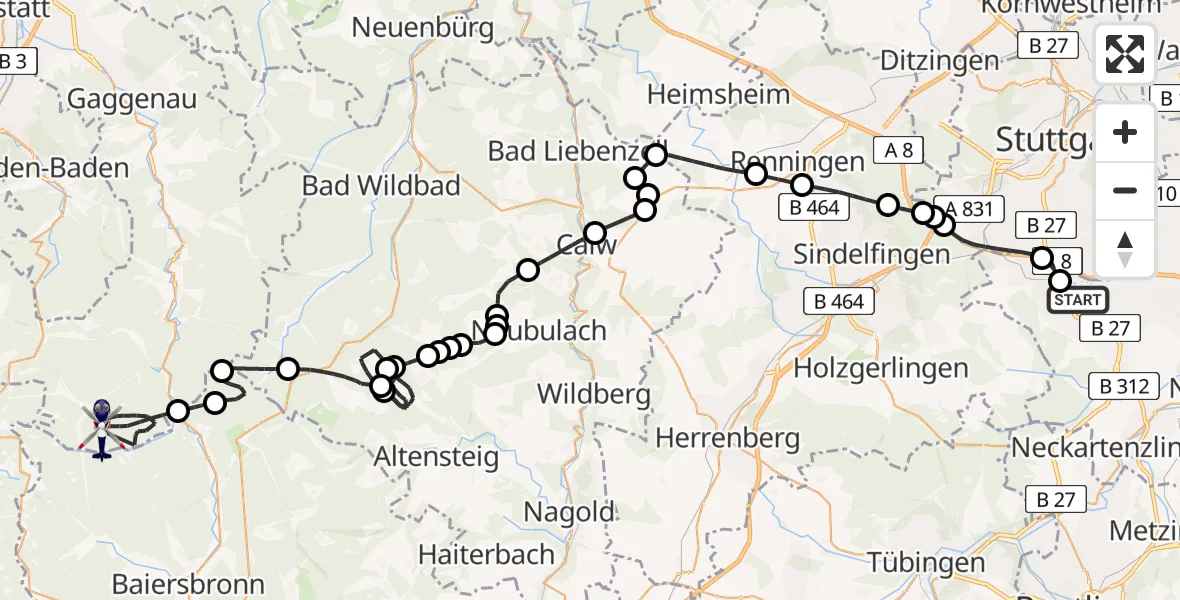 Flugroute Polizeihubschrauber Flughafen Stuttgart - Forbach, 01 Juni 2026, 11:12