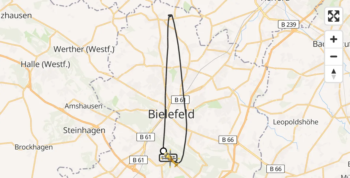 Flugroute Rettungshubschrauber Luftrettungszentrum Bielefeld - Luftrettungszentrum Bielefeld, 01 Juni 2026, 11:14