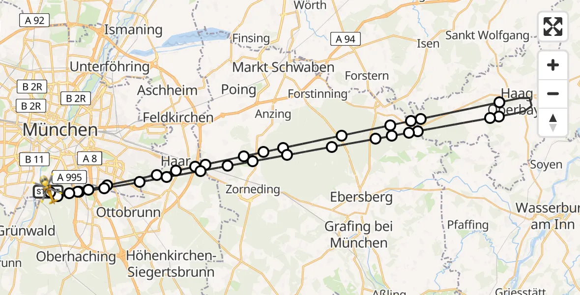 Flugroute Rettungshubschrauber ADAC Air Rescue Center Hubschrauberlandeplatz (Christoph 1) - ADAC Air Rescue Center Hubschrauberlandeplatz (Christoph 1), 01 Juni 2026, 11:34