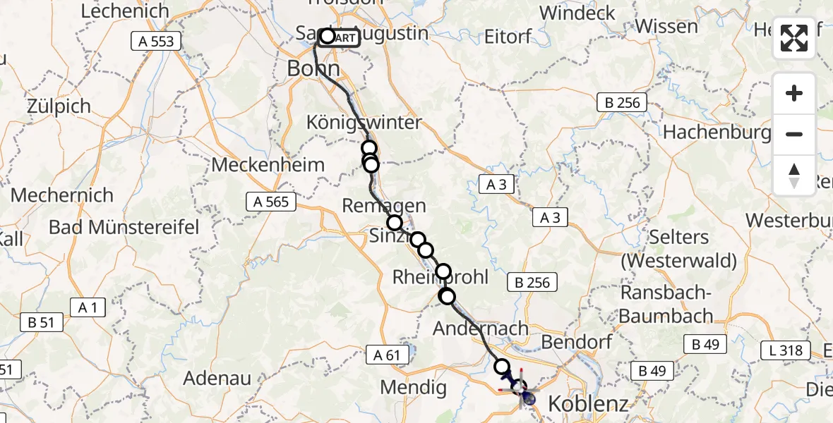 Flugroute Polizeihubschrauber Sankt Augustin - Bassenheim, 01 Juni 2026, 11:38