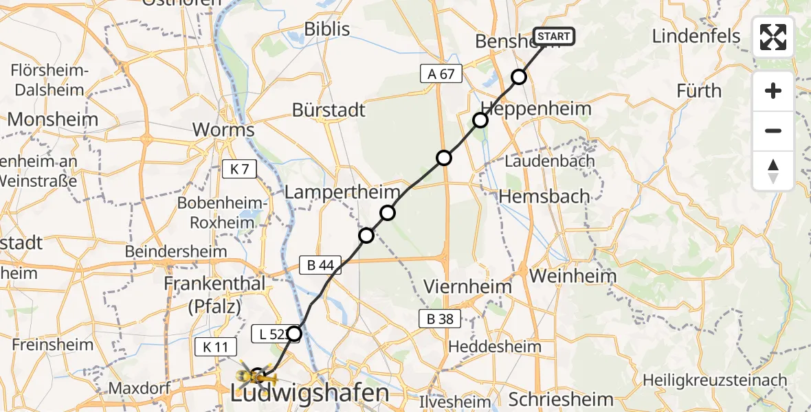 Flugroute Rettungshubschrauber Bensheim - Ludwigshafen Accident Hospital, 01 Juni 2026, 11:39