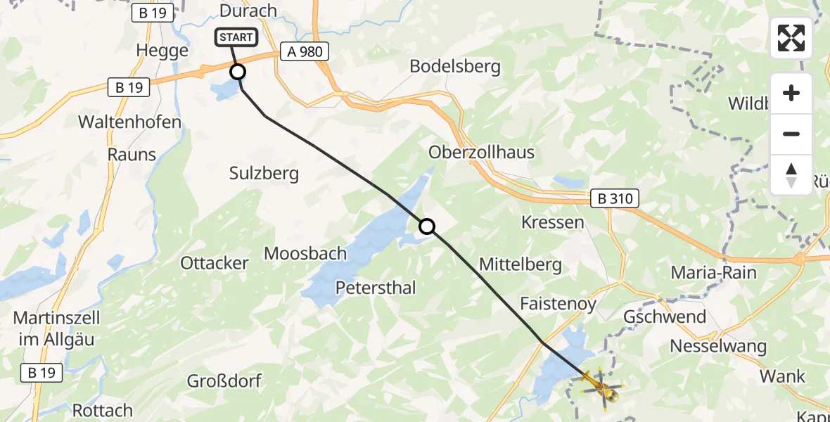 Flugroute Rettungshubschrauber Kempten-Durach Flugplatz - Nesselwang, 01 Juni 2026, 11:43