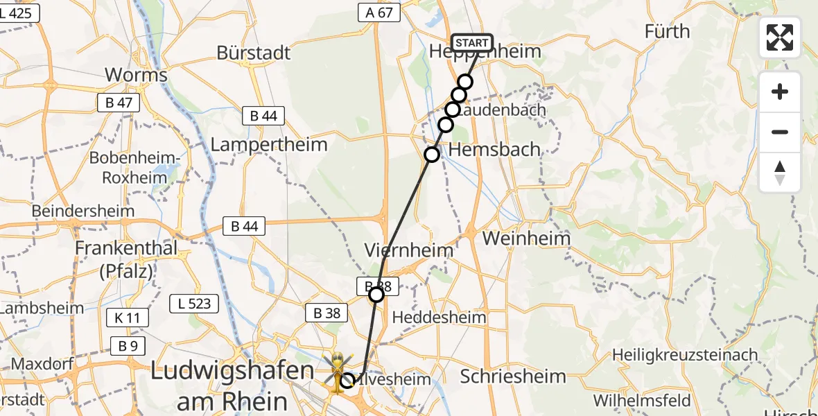 Flugroute Rettungshubschrauber Heppenheim (Bergstraße) - Mannheim-City Flughafen, 01 Juni 2026, 11:43