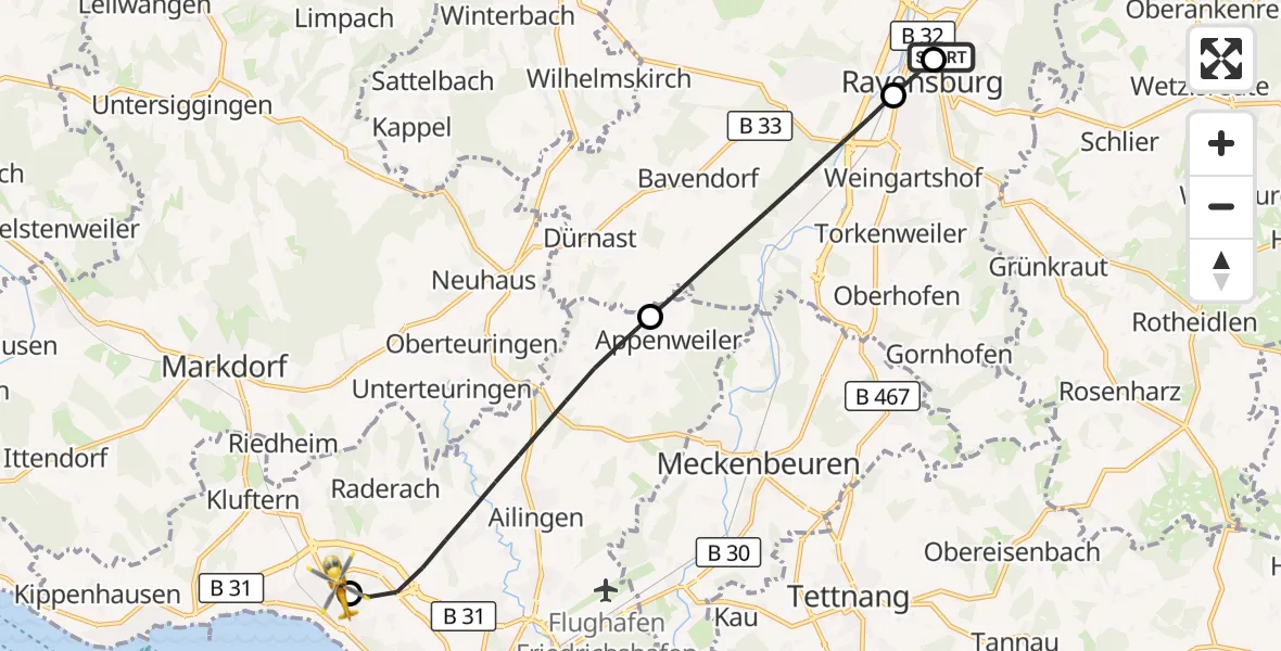 Flugroute Rettungshubschrauber Sankt Elisabeth Hospital - Friedrichshafen Hospital, 01 Juni 2026, 11:48