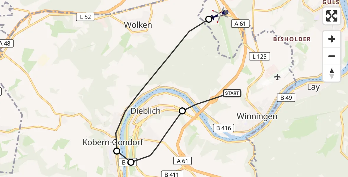Flugroute Polizeihubschrauber Winningen - Koblenz, 01 Juni 2026, 12:01