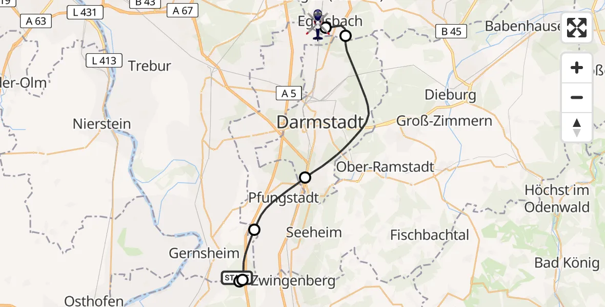 Flugroute Polizeihubschrauber Gernsheim - Flughafen Frankfurt-Egelsbach, 01 Juni 2026, 12:02