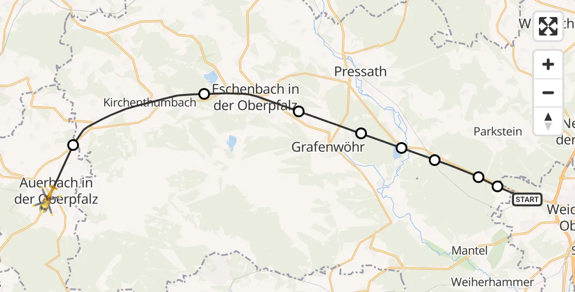 Flugroute Rettungshubschrauber Weiden i.d.OPf. - Auerbach i.d.OPf., 01 Juni 2026, 12:06