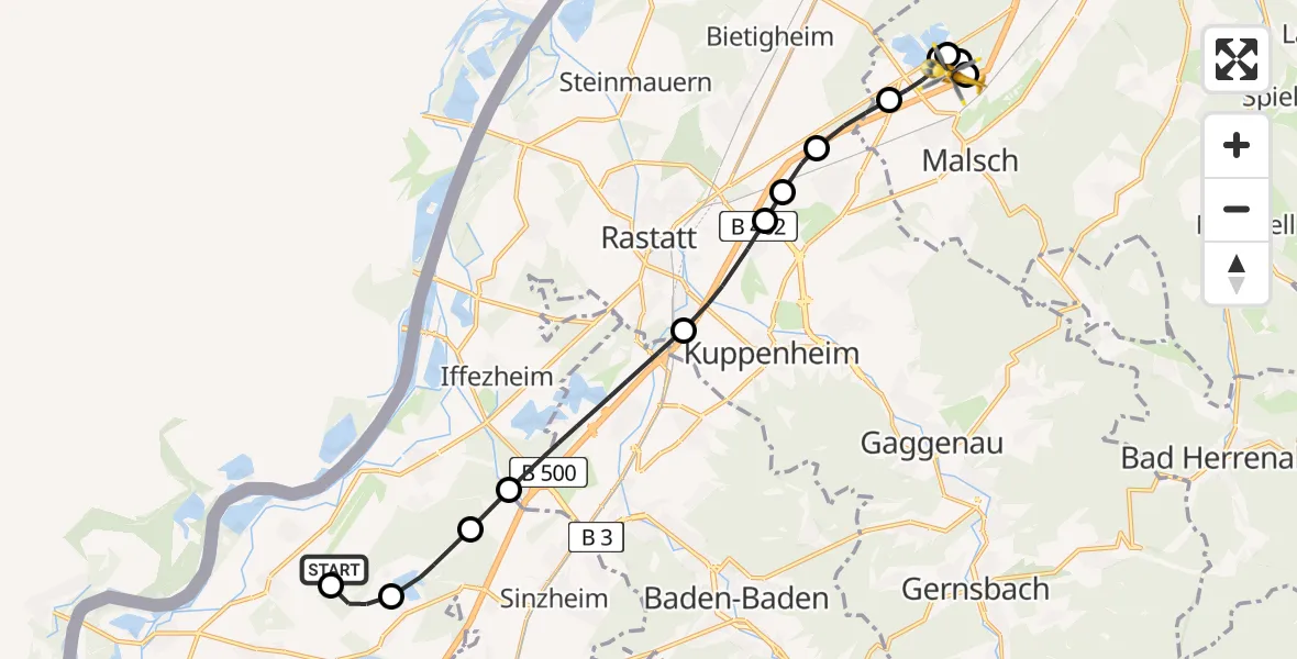 Flugroute Ambulanzhubschrauber Karlsruhe Baden-Baden Flughafen - Malsch-Ettlingen Ultraleichtflugpark, 01 Juni 2026, 12:07